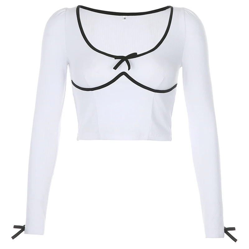 

Spring Autumn Fashion Slim Cute Bow Contrast Color Long Sleeve Tee SML White Woman Casual Skinny T-Shirt Lady Crop Top Tshirt
