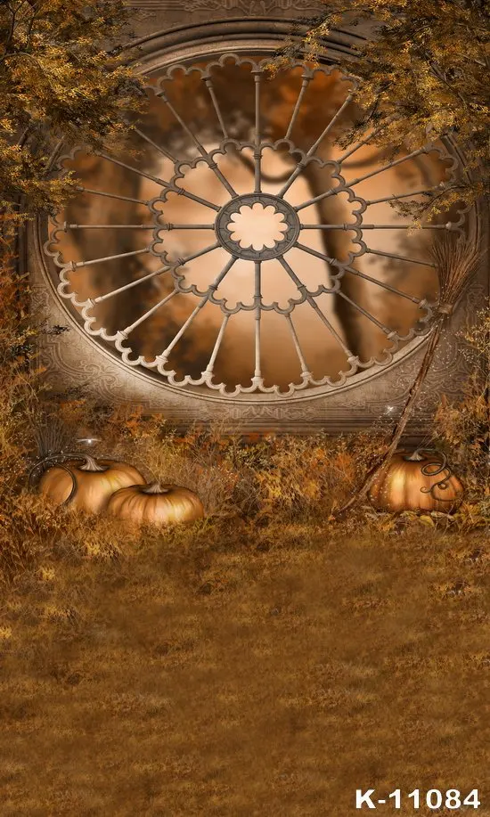 

Photography Backdrops Autumn Yellow Branch Round Window Wall Pumpkin Halloween Backgrounds photo Studio props Vinyl