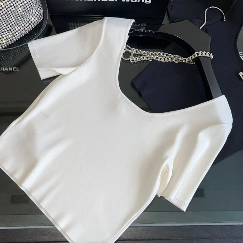 

2021 Summer Woman's Super-Short Tops Cotton Hign Quality Shirts Bling Hardware Sexy Tees Solid Blouses