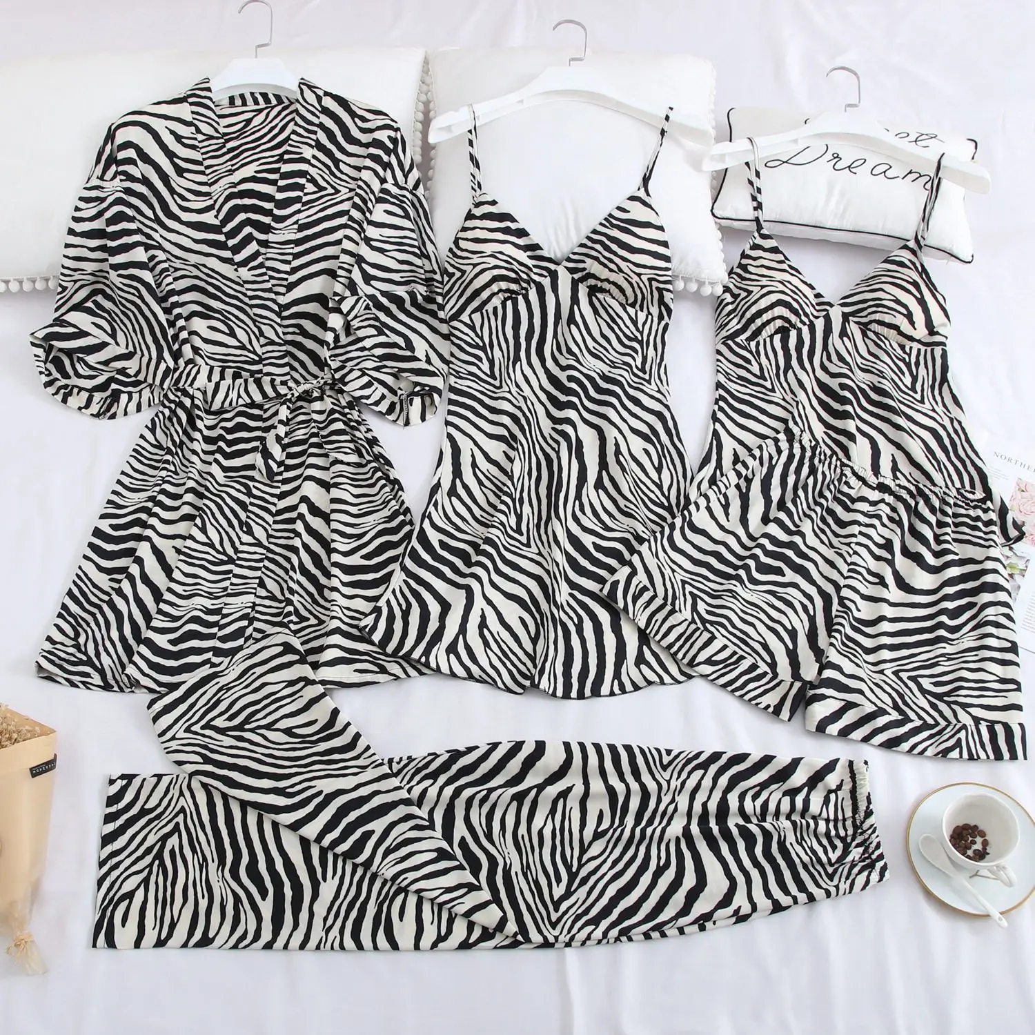 

Zebra Pattern Female 5PCS Pajamas Set Sexy V-neck Strap Top&Pant With Bra Autumn Casual Nightwear Faux Silk Home Wear