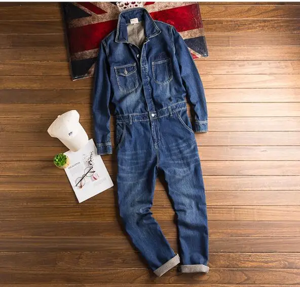 

2021 new European and American fashion denim jumpsuit men's retro denim overalls jumpsuits hip-hop blue trousers