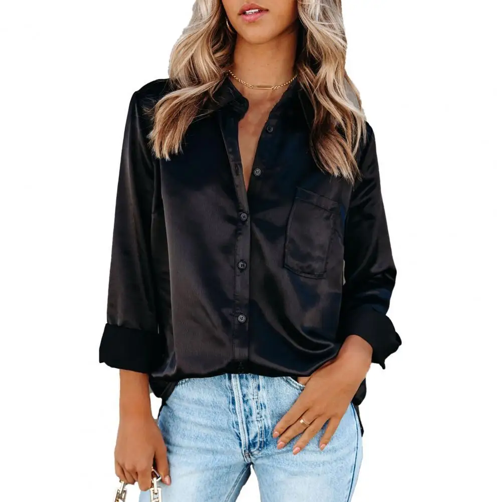 

Women Shirt Solid Color Single-breasted Autumn Winter Long Sleeve Lapel Pocket Blouse for Daily Wear White/black/red/apricot