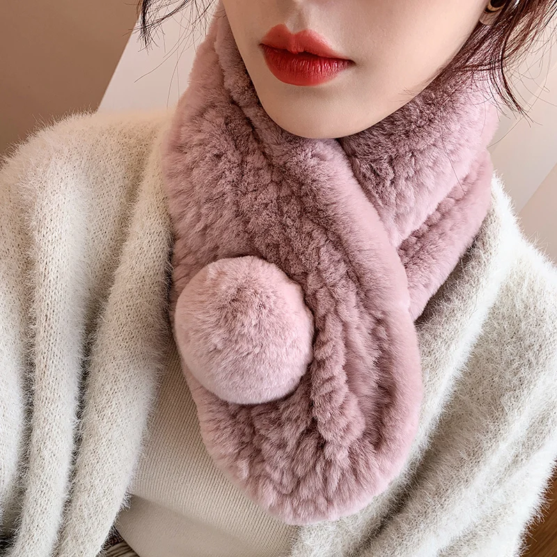 

Lantafe Fur Scarf Short Women's Scarf Rex Rabbit Fur Real Fur ball Adornment Protect Neck Keep Warm Winter Collar Fashion Ladies