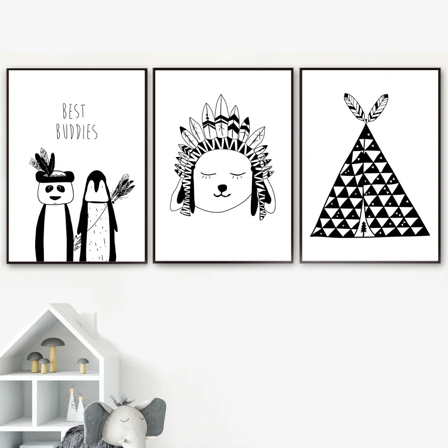 Wall Art холст картины печать черно белая панда Пингвин палатки мультфильм Nordic