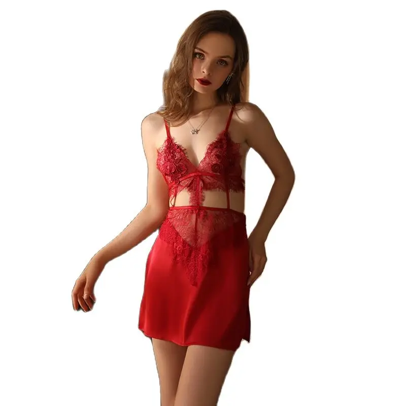 

Guiruo brand sexy deep V open waist lace temptation pajamas split sling nightdress home clothes suit 271