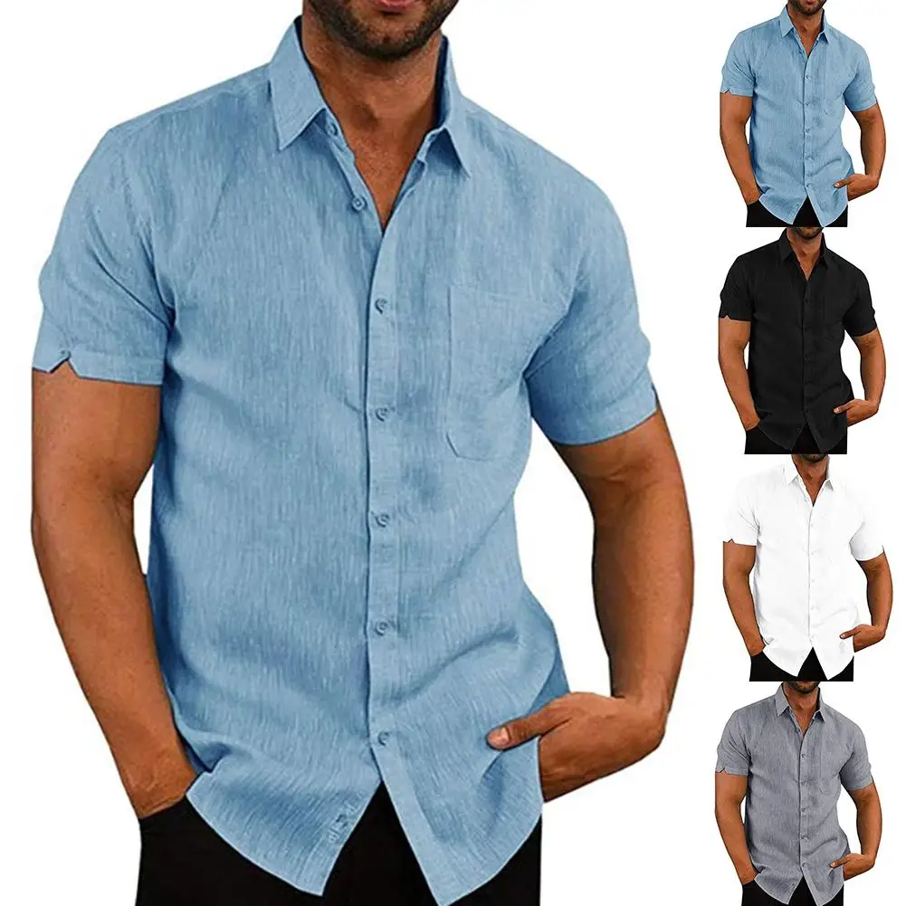 Casual Men Solid Color Turn Down Collar Short Sleeve Pocket Buttons Slim Shirt skin-friendly and soft perfect gift for Christmas | Мужская