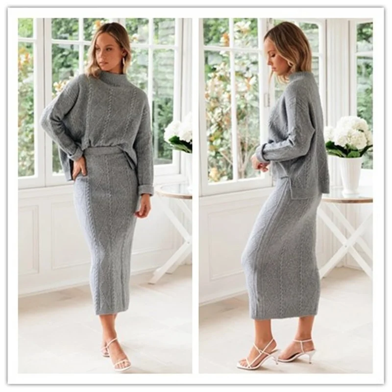 

Donsignet Autumn Winter New Fashion Solid Womens Outfits Knitted Turtleneck Sweater Suit for Women Two Piece Suit
