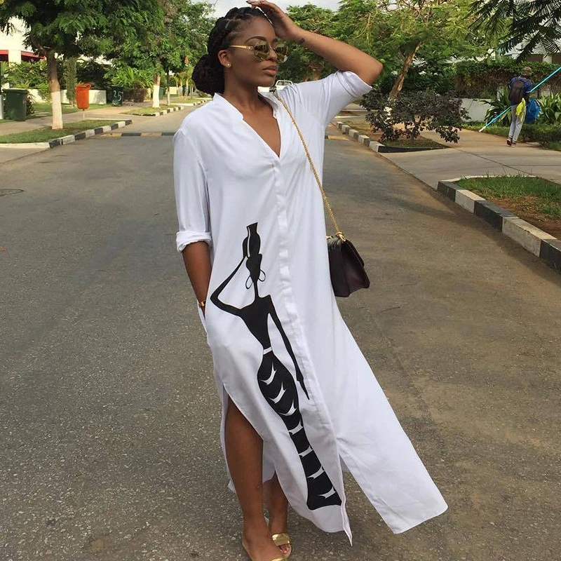 Африканское осеннее длинное платье рубашка женское с карманами рисунком
