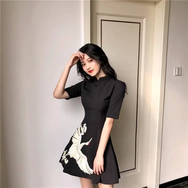 Женское винтажное платье с принтом OCEANLOVE черное воротником-стойкой весна-лето 2020