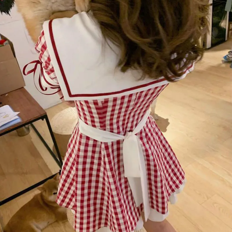 

Dress Women Lovely Plaid Summer Empire Holiday College Girls Dresses Korean Popular Sailor Collar Slim Femme