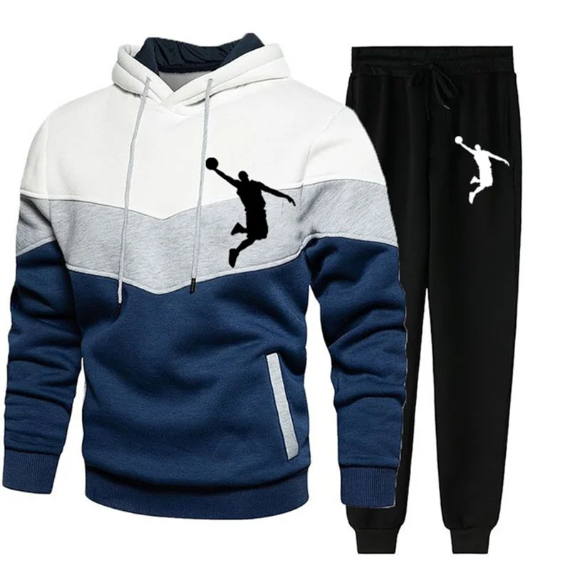 

2021 men's sportswear two piece Sweatshirt + sweatpants Hoodie casual print splicing set men's autumn and winter fashion men's