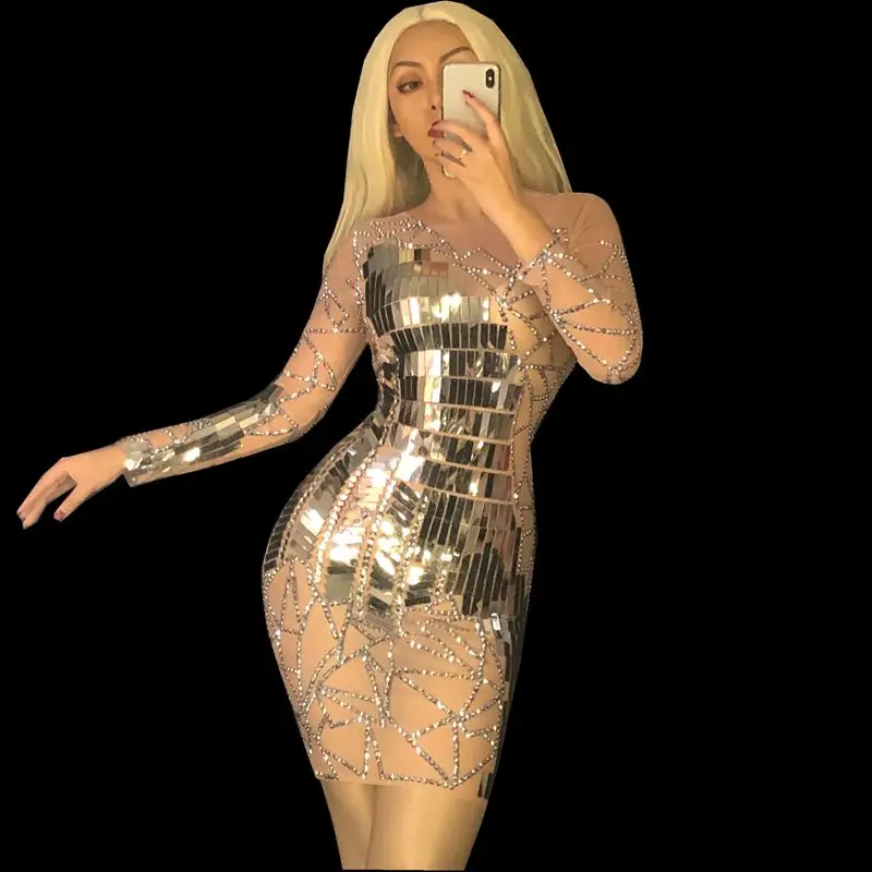 Женское прозрачное Сетчатое платье сексуальное блестящее серебристое со
