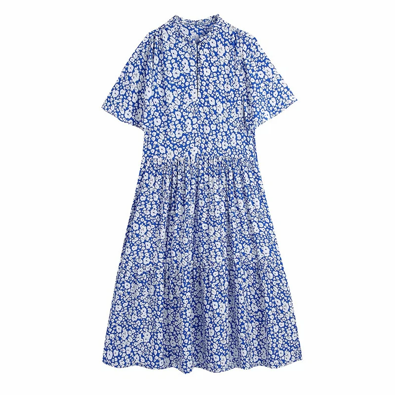 

DOUJILI Elegant Women Dress Round Neck Short Sleeve Loose Soft Blue Dress Summer Party Dressing