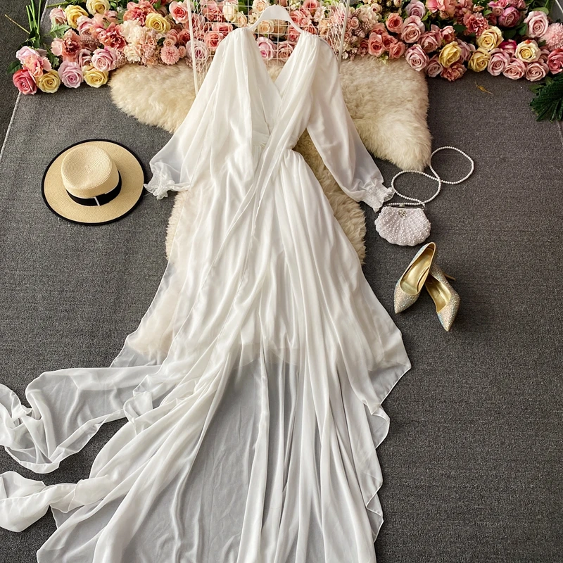 

Women's Spring Summer Runway Fashion Long Sleeve V Neck Irregular Dress Female High Waist Chic Travel Party Beach Dress TB1491