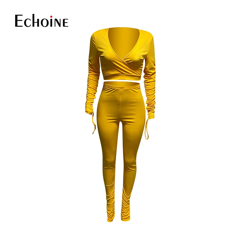 

Echoine Women Sexy Stacked Set Two Piece Set Ruched Sleeve V-neck Crop Tops Stacked Pants Suit Tracksuit Matching Set Outfit
