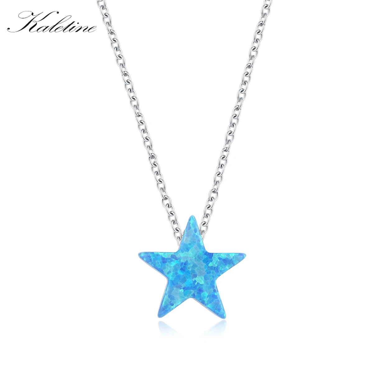 

KALETINE Synthetic Opal Star Pendant Necklace Women Charm Pink Blue Stone 925 Sterling Silver Jewelry Long Link Chain Collar