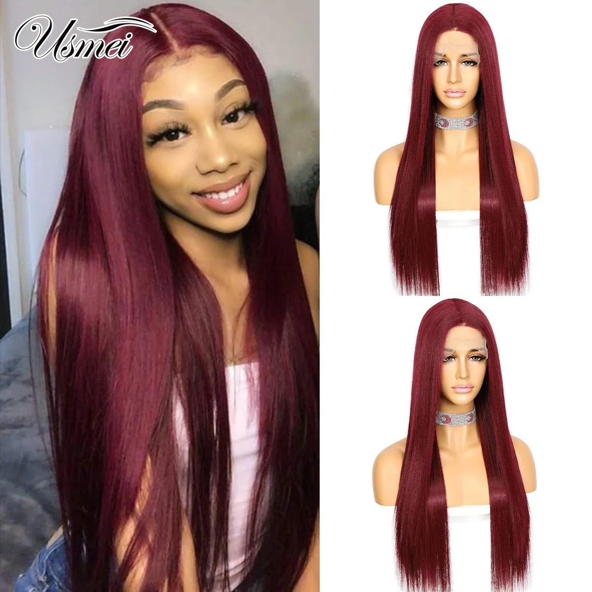 

Usmei Long Straight Synthetic Wig Burgundy Deep T-part Lace Wig Glueless Heat Resistant Synthetic Lace Front Wigs for Women