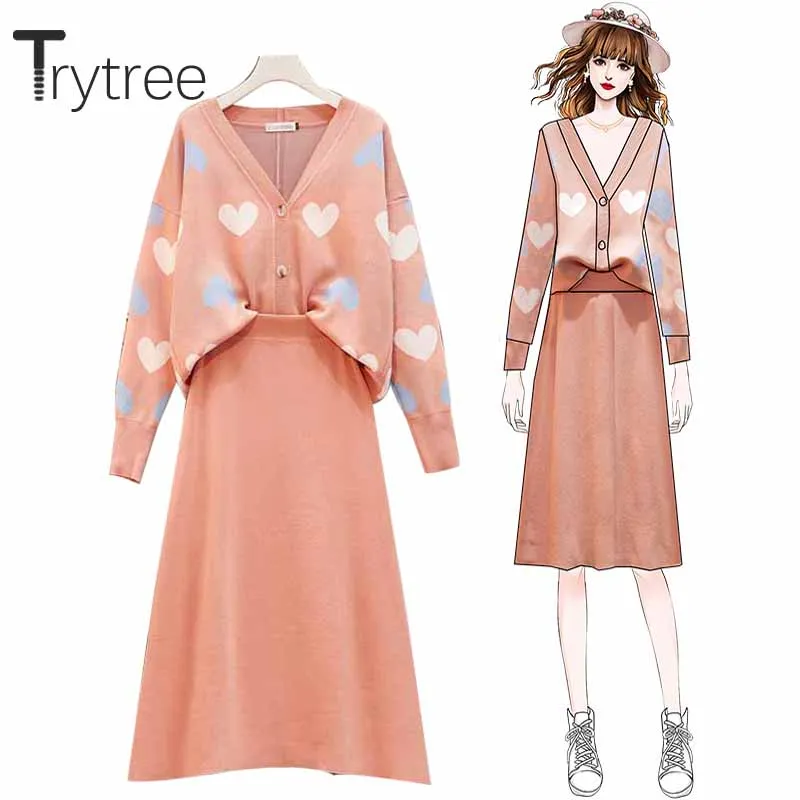 Trytree осенний зимний комплект из двух предметов вязаный Повседневный однобортный Топ с v-образным вырезом+ юбка до середины икры офисный Женский комплект из 2 предметов