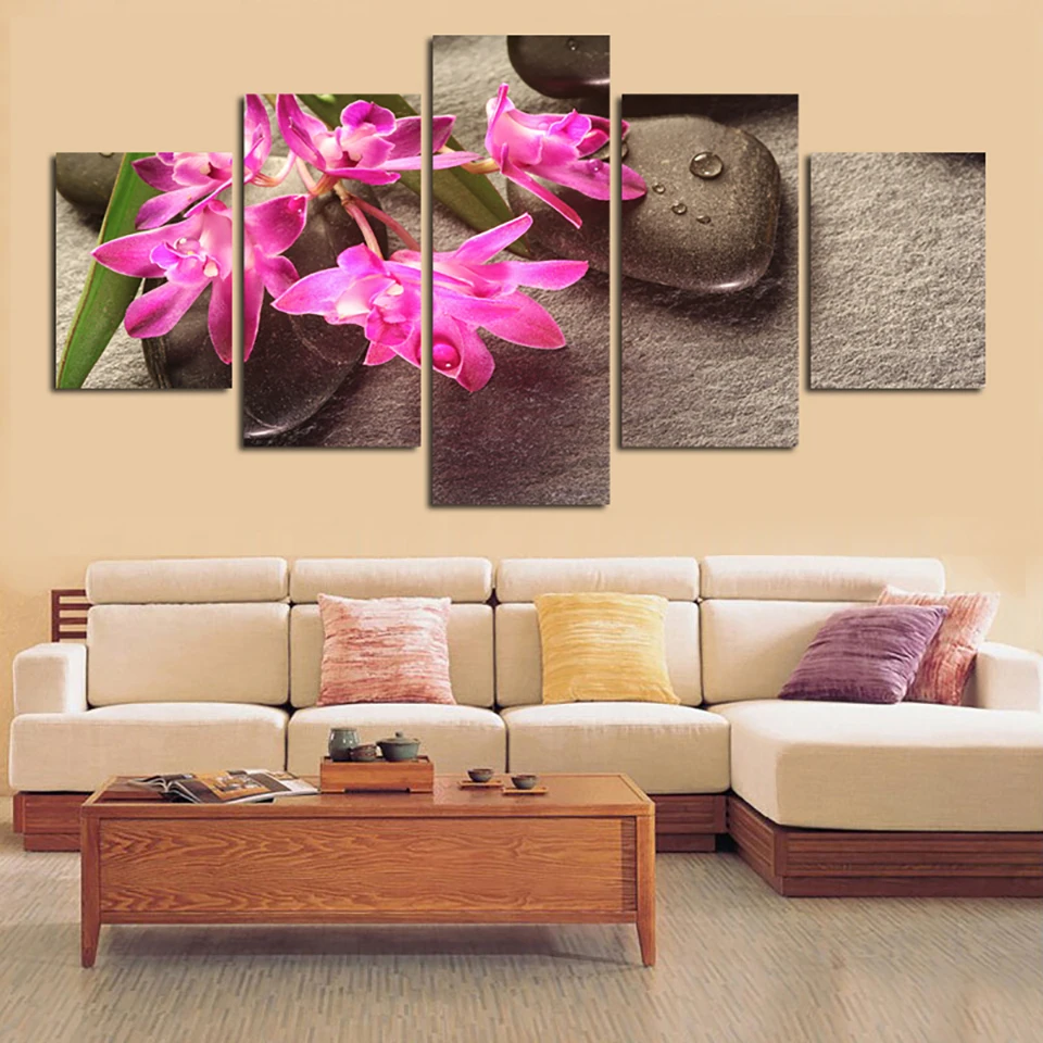 

Canvas Wall Art Home Frame HD Printed 5 Panel Stone Red Orchid Modular Decoration Posters Picture On Living Room Modern Painting