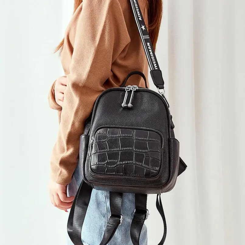 

100% Real Cow Leather Women Backpack Brand Designer Totes Crocodile Pattern Wide Shoulder Bags High Capacity Travel Backpacks