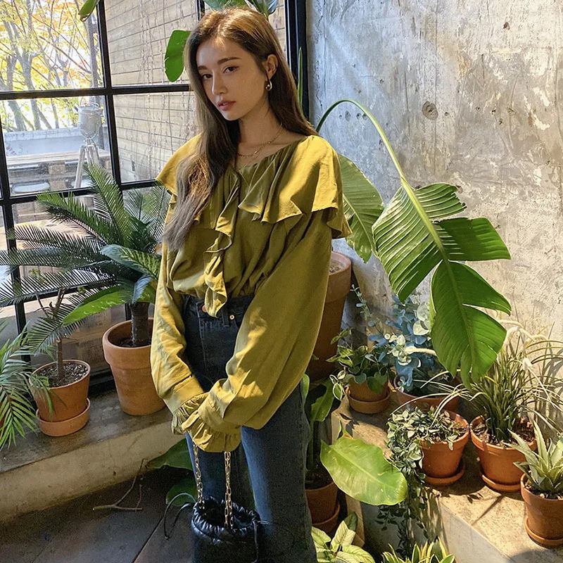 

Spring Autumn Women's Blouse Korean Solid Color Lotus Leaf Collar Flared Sleeve Top New Loose Versatile Long-sleeved Tops LL374