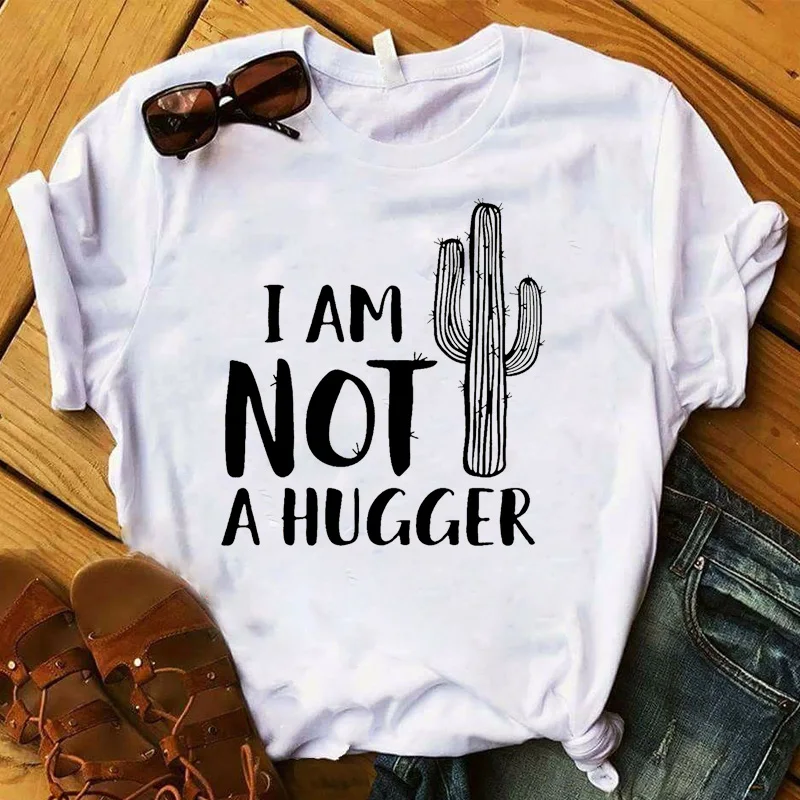 

Women Lady T Shirt Cactus I Am Not A Hugger Print Tshirt Ladies Short Sleeve Tee Shirt Women Female Tops Clothes Graphic T-shirt