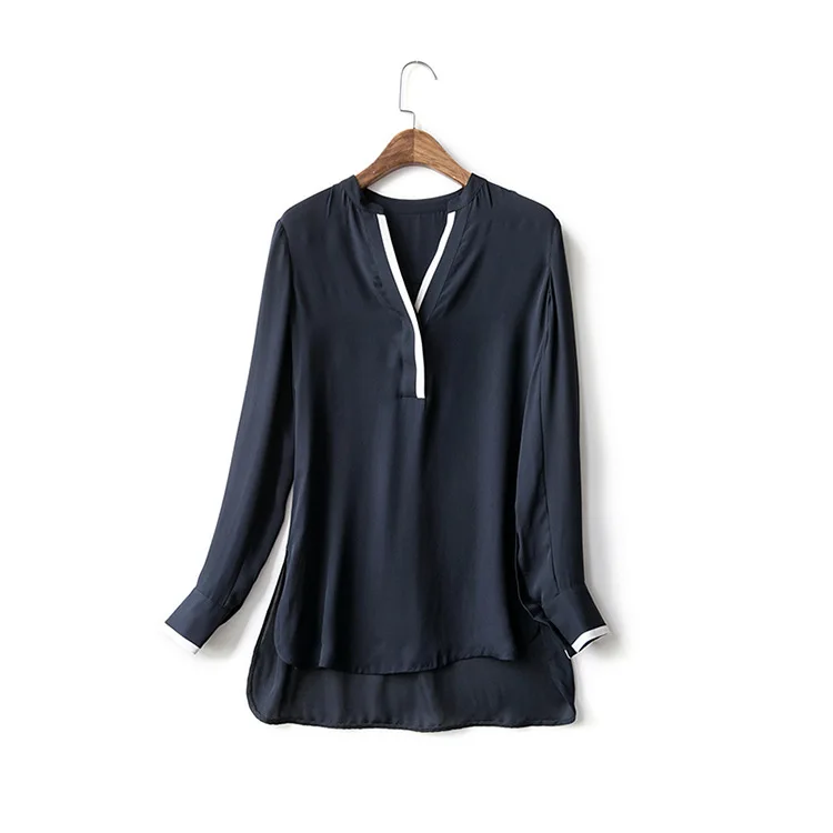 Женская тонкая рубашка с длинным рукавом темно синяя Повседневная блузка из