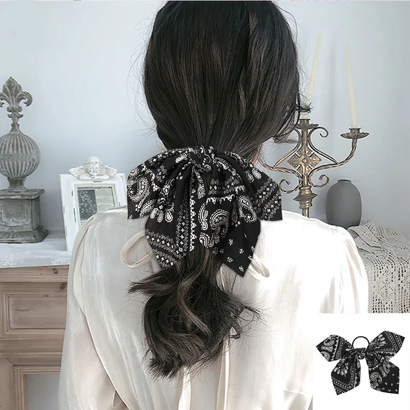 

1PCS Vintage Big Bow Scrunchies Cashew Flower Print Hair Rope Elastic Hair Bands Ponytail Hair Ties Rubber Band Hair Accessories