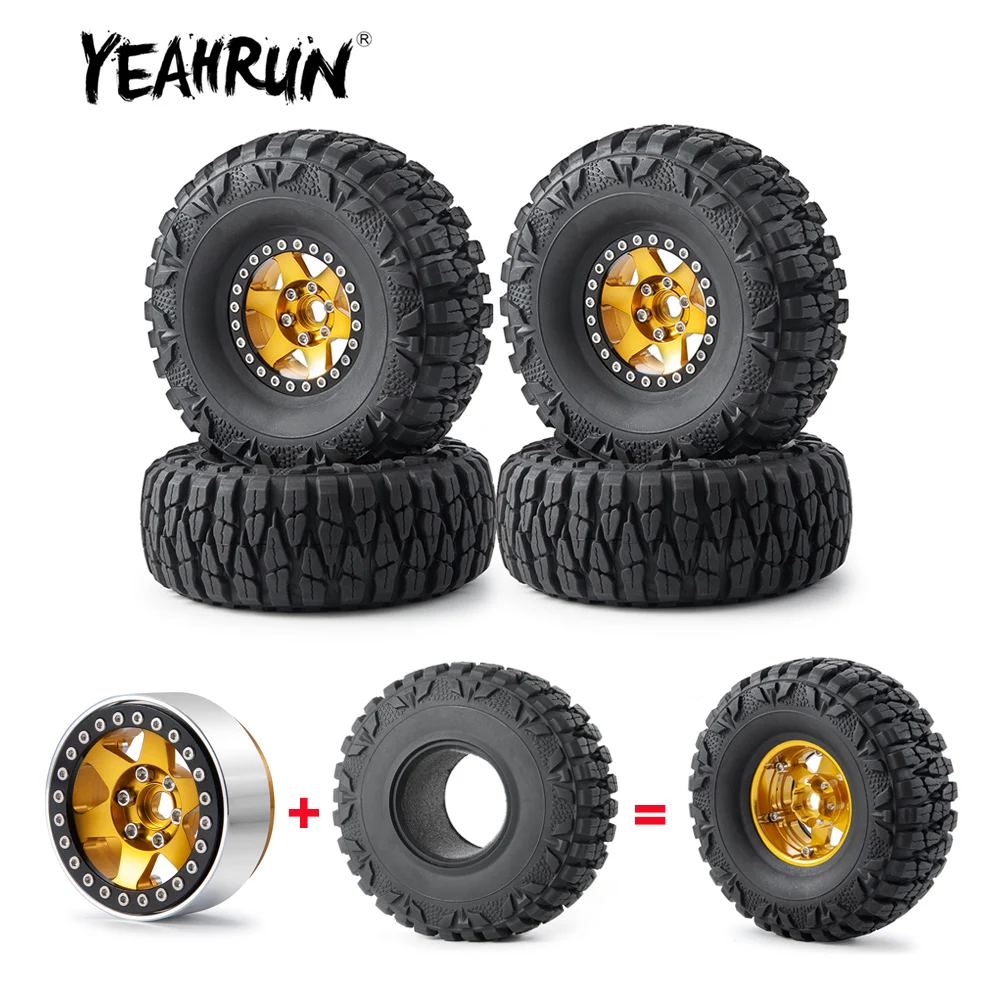 

YEAHRUN 4Pcs Orange 1.9 inch Metal Alloy Beadlock Wheel Rims Hubs with 112mm OD Black Rubber Tires for 1/10 RC Crawler Car Parts