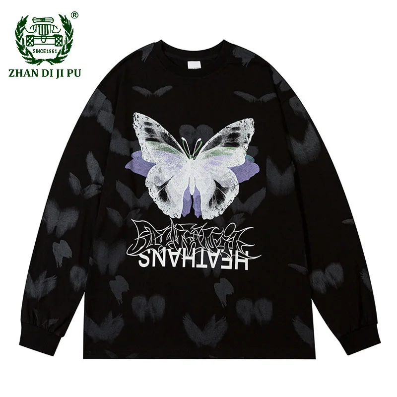 

Hip Hop Harakuju Color Butterflly Letter Printed T-shirts Mens Streetwear Oversize Casual Cotton Loose Long Sleeves Tshirts Male