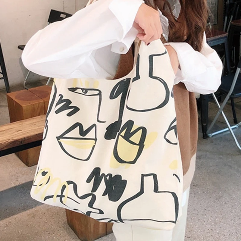

Japanese Lazy Style Graffiti Line Canvas Shopping Bag Foldable Reusable Grocery Bag Shoulder Bag Casual Ladies Tote Bag