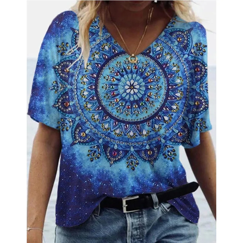 

Женский пуловер с принтом, разноцветный Свободный пуловер с коротким рукавом и V-образным вырезом, лето 2021