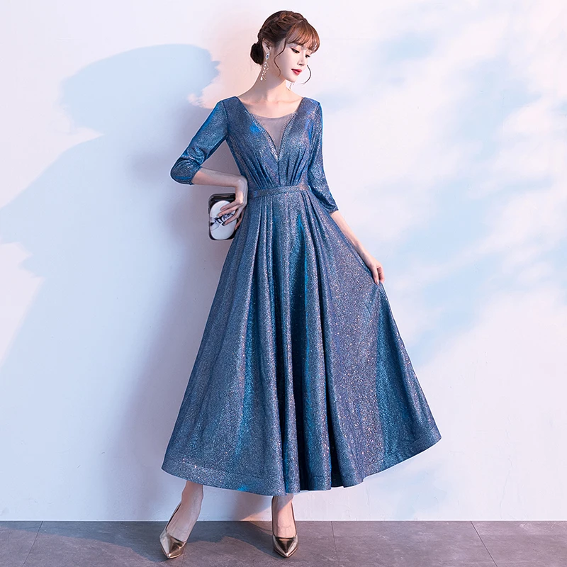 

Elegant Ankle-length Evening Gowns Long 2020 A-line Shiny Sleeved Prom Dresses For Women Party Night