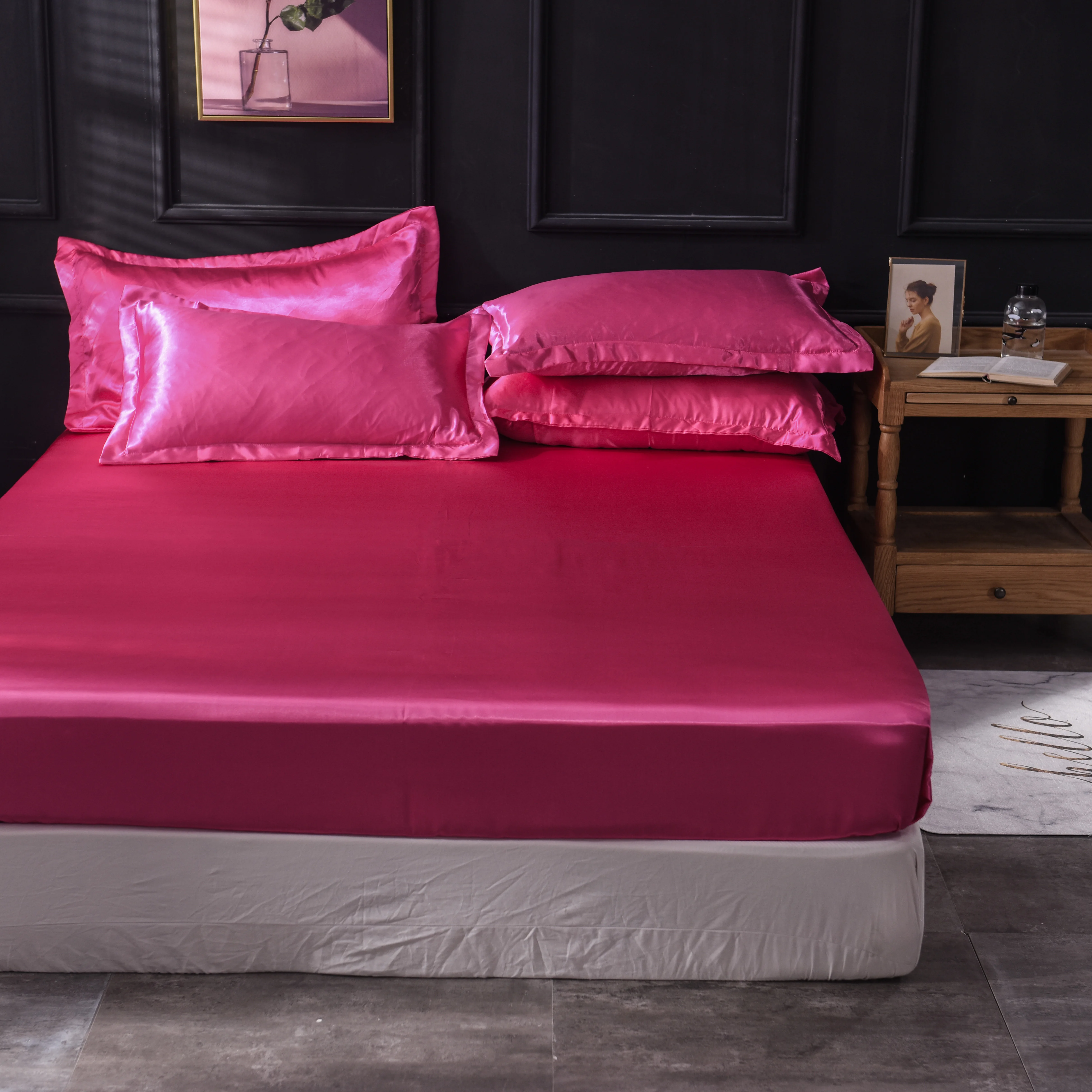 

Liv-Esthete 1PCS Luxury Fitted Sheet 100% Satin Silk Pink Mattress Cover Coffee Bed Sheet Elastic Band Adult Rubber Band Sheet