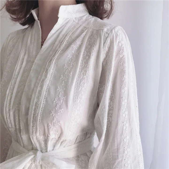 

Fashion pullover v-neck long-sleeved elastic waist bow tie lace big dress