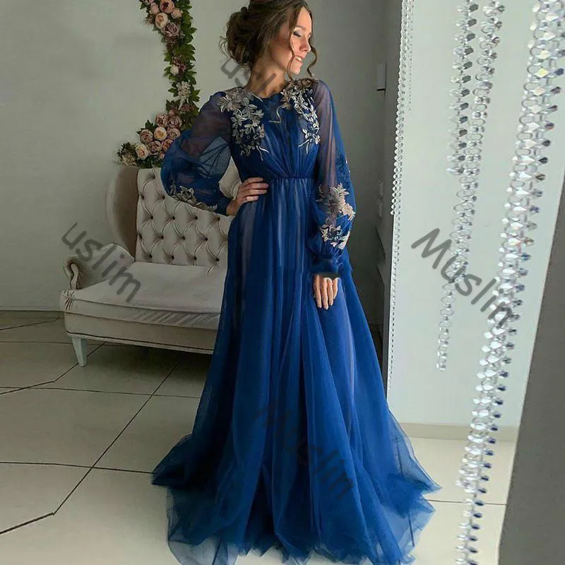 

Fitte Navy Blue Long Evening Dresses With Appliques 2021 Long Sleeve Tulle Boho Puff Prom Dress Cheap Long Formal Wear Dresses