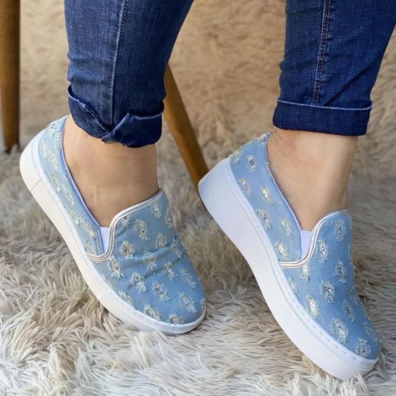 

Summer Women's Platform Canvas Slip On Jeans Claro Cut Female Casual Shoes Fashion Leopard Flat Big Size Womens Sneakers