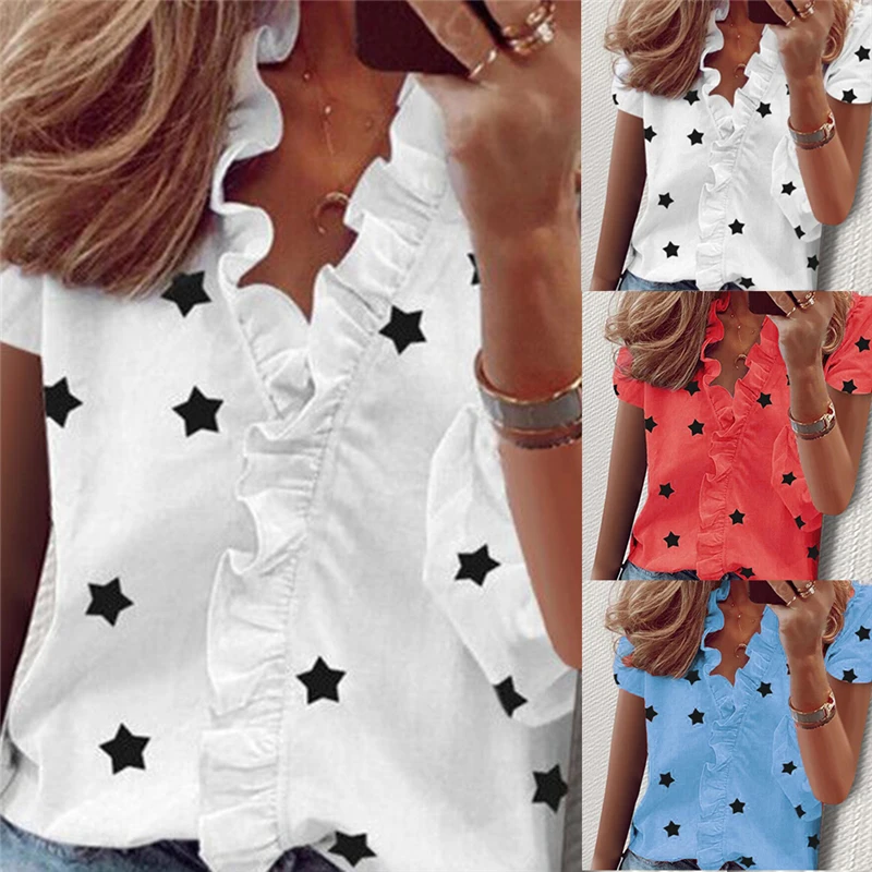

Women Ruffle Stars Print Blouse V-Neck Long Sleeve Elegant Slim Female Blouses 2021 Fashion Summer Sexy Lady Tops New