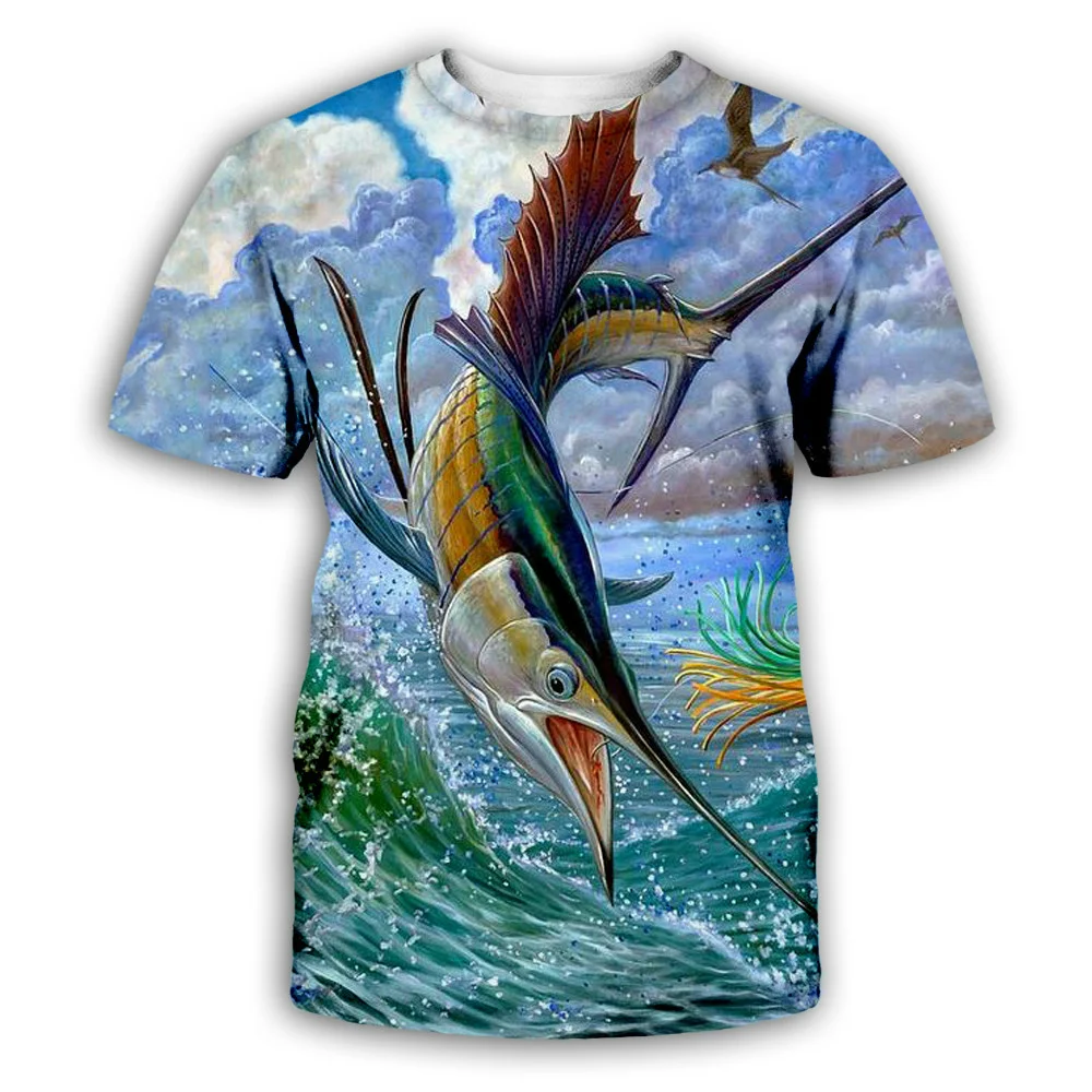 

Summer deep sea fish print O-neck T-shirt men's fashion Harajuku casual short-sleeved shirt polyester ladies new 2021 clothing