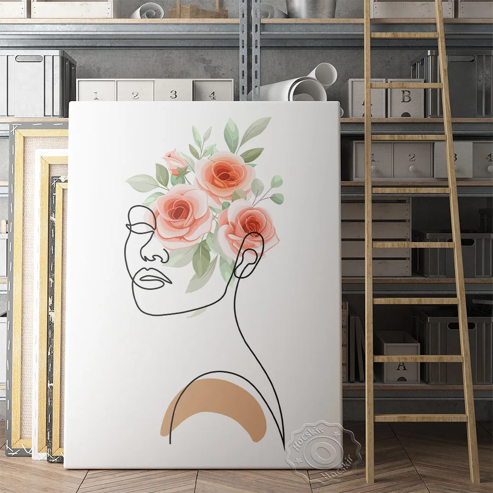 

Abstract Flower Leaf Woman Head Poster, Female Body Line Art Prints,Scandinavian Wall Picture, Minimalism Single Line Home Decor