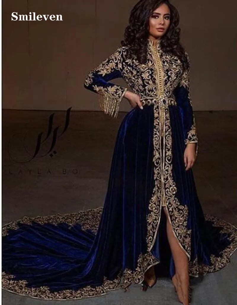 Официальное вечернее платье Smileven Caftan с баской бархатное длинным рукавом