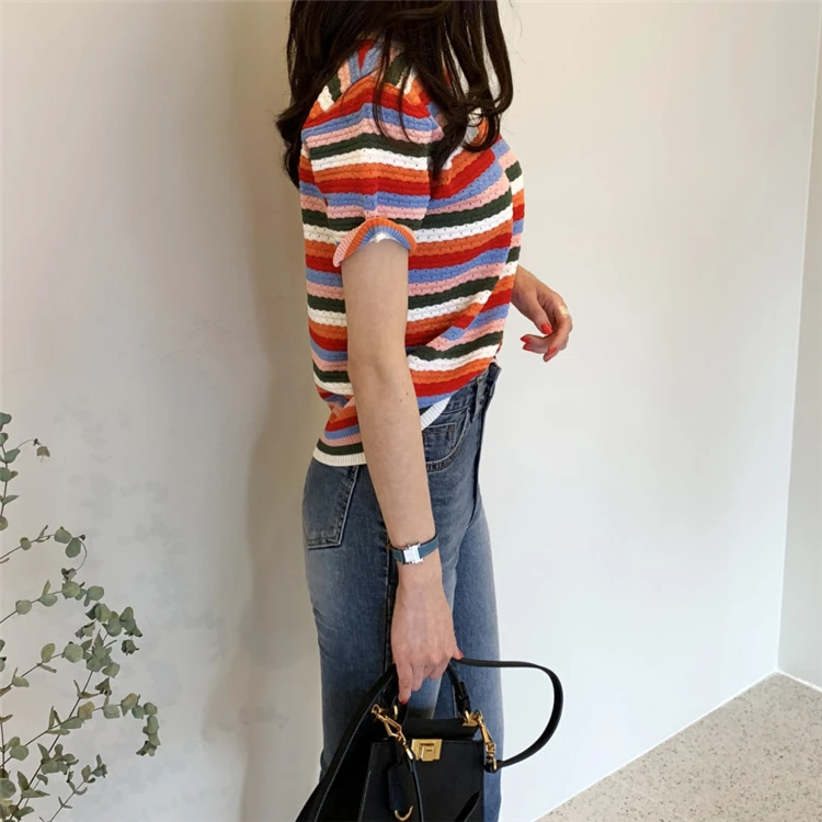 Женские летние футболки Colorfaith повседневные модные вязаные разноцветные Топы в