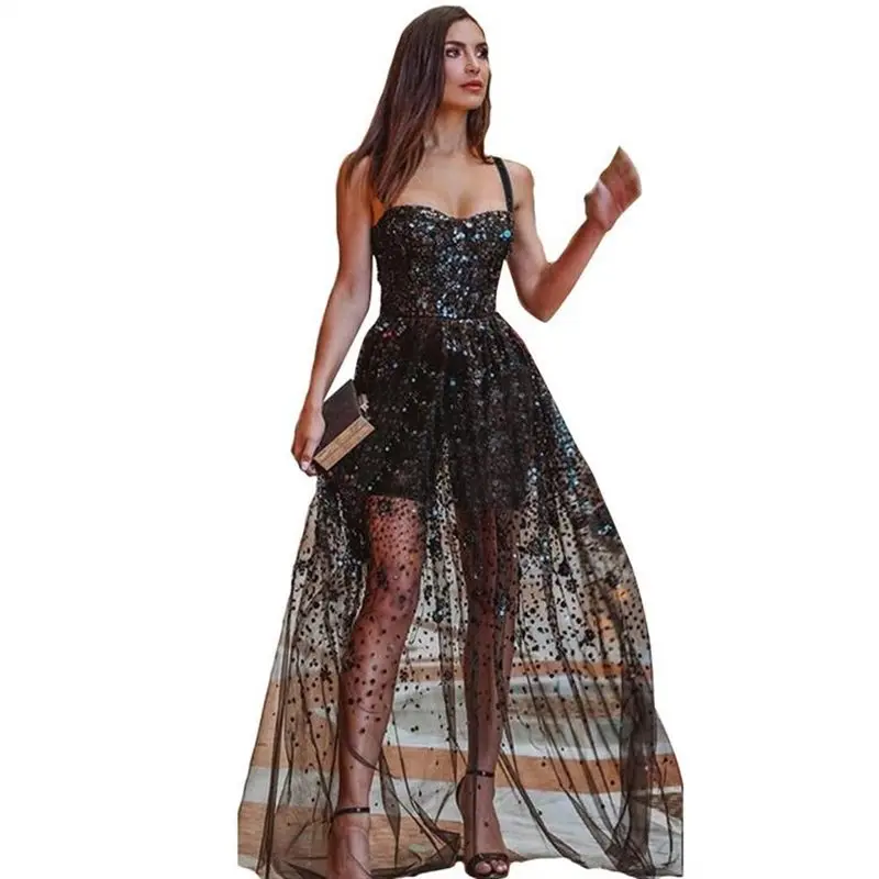 Платье женское длинное с блестками модный пикантный базовый сарафан на