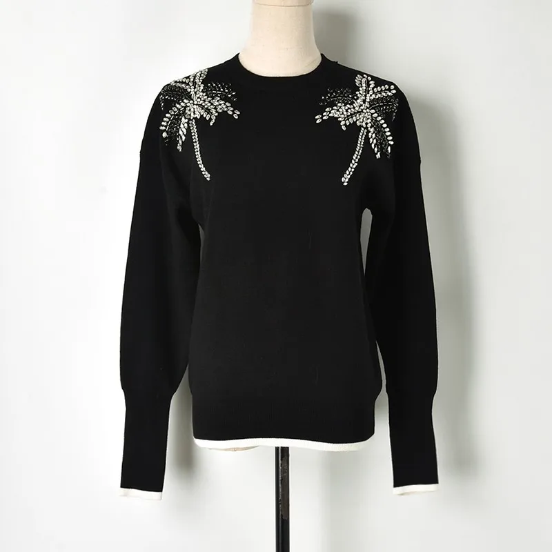 Womens Sweaters 2018 Winter Long Sleeve O-neck Coconut Tree with Beading Knit and Pullovers Red Black White Hem | Женская одежда