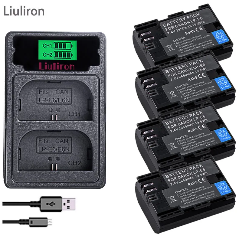 charger and 4battery 4 шт. 2650 мА/ч, LP-E6 LP E6 lpe6 Батарея+ светодиодный Dual USB Зарядное устройство для цифровой однообъективной зеркальной камеры Canon EOS 5D 5D2 5DS R Mark II 2 III 6D 60D 60Da 7D 7D2 70D 80D - Цвет: charger and 4battery