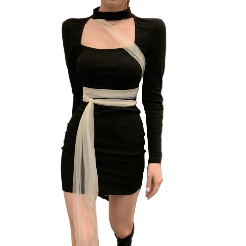 

Spring Autumn New Fashion Women Korean Style Skinny Solid Color Long Sleeve High Waist Hollow Bottoming Sexy Knitted Short Dress