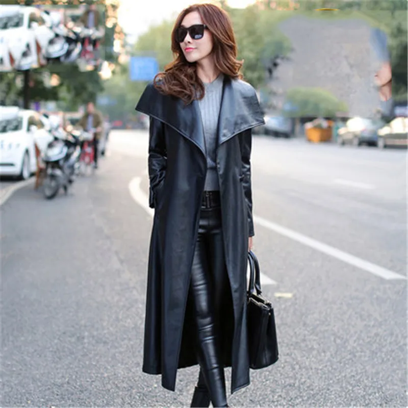 Women Leather Long Trench Coats Female Autumn Winter Fashion Windproof Waterproof Brand PU Leather Windbreaker  806