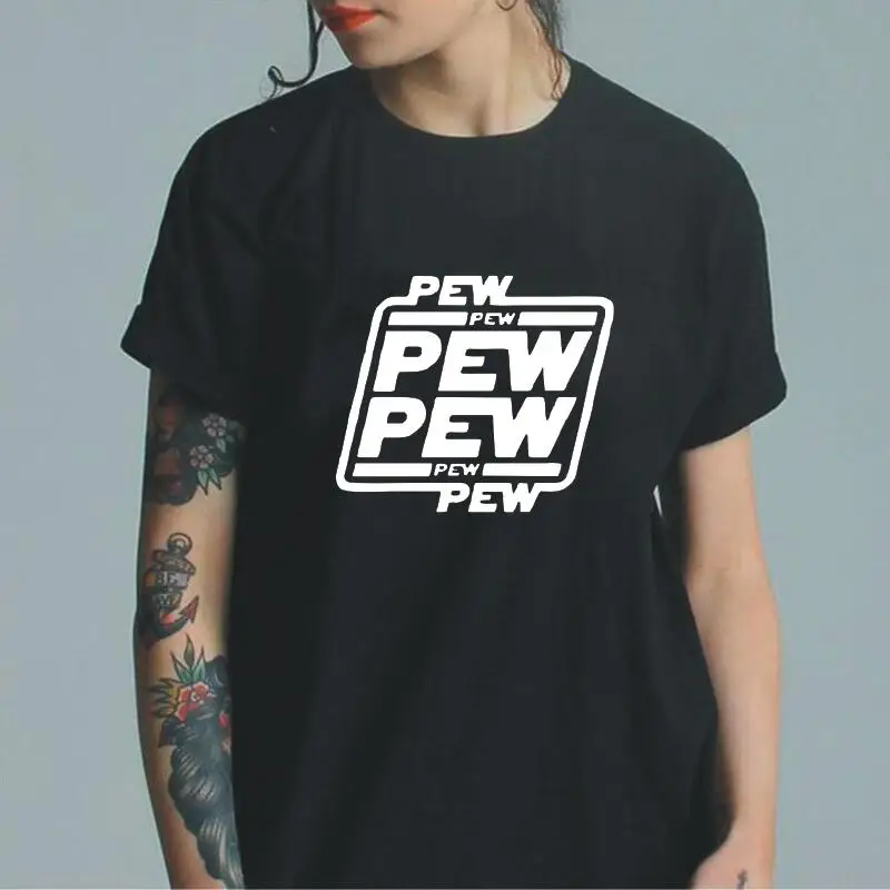 

Funny Letters Design "PEW PEW PEW" Printed T Shirt Women Tops Summer Short Sleeve Tee Shirt Femme Casual T-shirt Camiseta Mujer