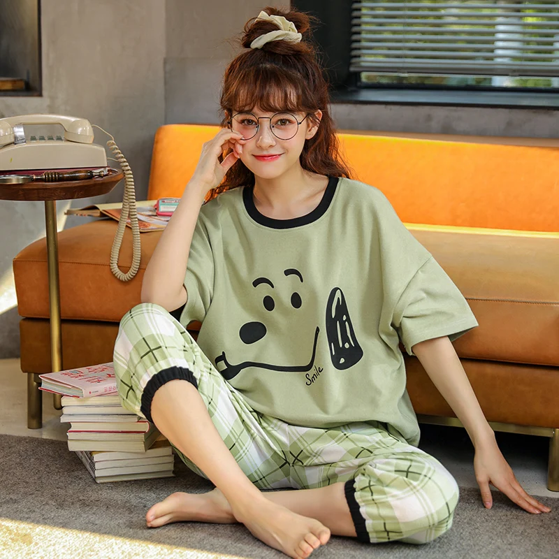 

ATUENDO Summer Green Silk Pajama Sets for Women 100% Cotton Korean Satin Soft Sleepwear Atoff Home Fashion Kawaii Cute Nightwear