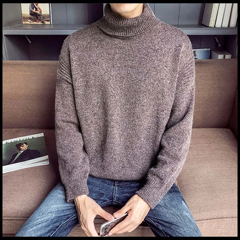 Мужской осенне-зимний свитер с высоким воротником однотонный пуловер вязаный JS26